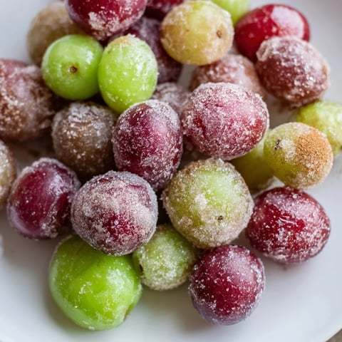 Icy, glistening frozen grapes arranged on a baking sheet, ready for a refreshing snack.