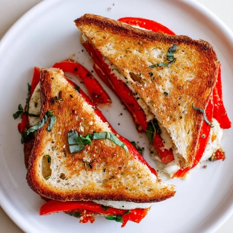 Golden melted Roasted Red Pepper Grilled Cheese, showcasing perfectly toasted bread and vibrant red peppers inside.