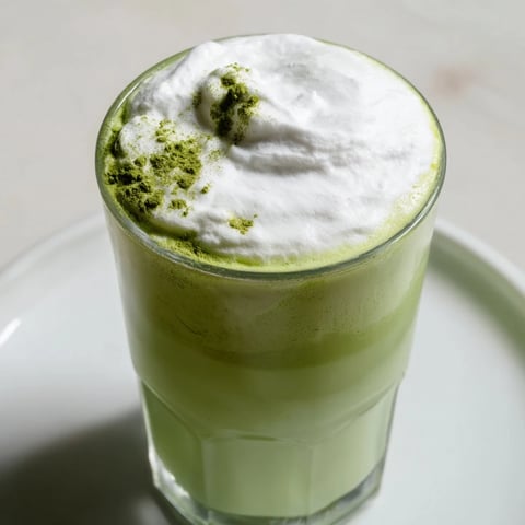 Steaming creamy matcha latte with a dollop of frothy cold foam, perfect for a sunny day.