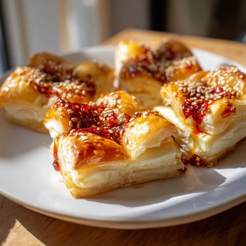 Golden brown Chili Crisp Honey Brie Bites, oozing with melted Brie and drizzled honey, an easy appetizer.