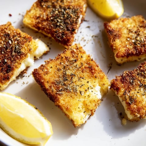 Golden-brown Greek Saganaki cheese appetizer, sizzling hot, ready to be squeezed with lemon.