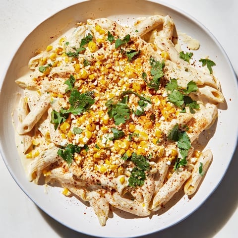 A creamy bowl of Mexican Street Corn Pasta, topped with cotija and fresh cilantro.