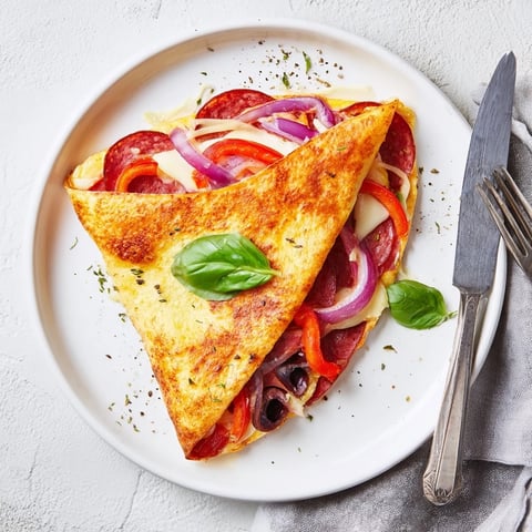 A golden-brown, folded tortilla pizza wrap, filled with melted mozzarella, pepperoni, and red bell peppers, ready to eat.