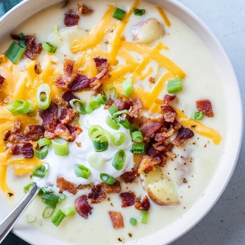 Creamy Loaded Baked Potato Soup in a rustic bowl, topped with melted cheddar, crispy bacon, and fresh green onions.