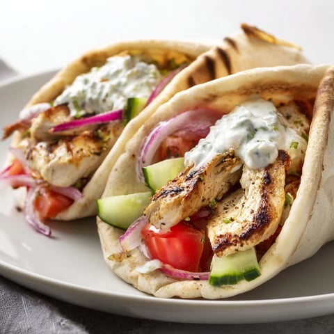 Succulent grilled chicken strips and creamy tzatziki spill from a warm pita, packed with crisp cucumber and fresh tomato slices.