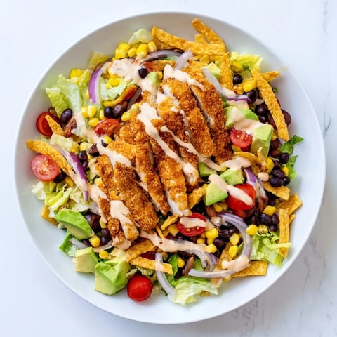 Golden crispy chicken strips rest on a bed of romaine lettuce, tomatoes, corn, black beans, and avocado, drizzled with creamy salsa ranch in a vibrant Tex-Mex salad.  
