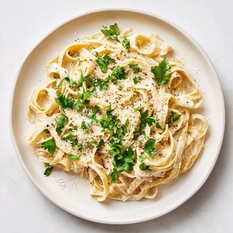 A close-up of Roasted Garlic Cream Pasta in a white bowl, featuring fettuccine strands coated in a luscious, creamy sauce with visible garlic pieces and a sprinkle of parsley.