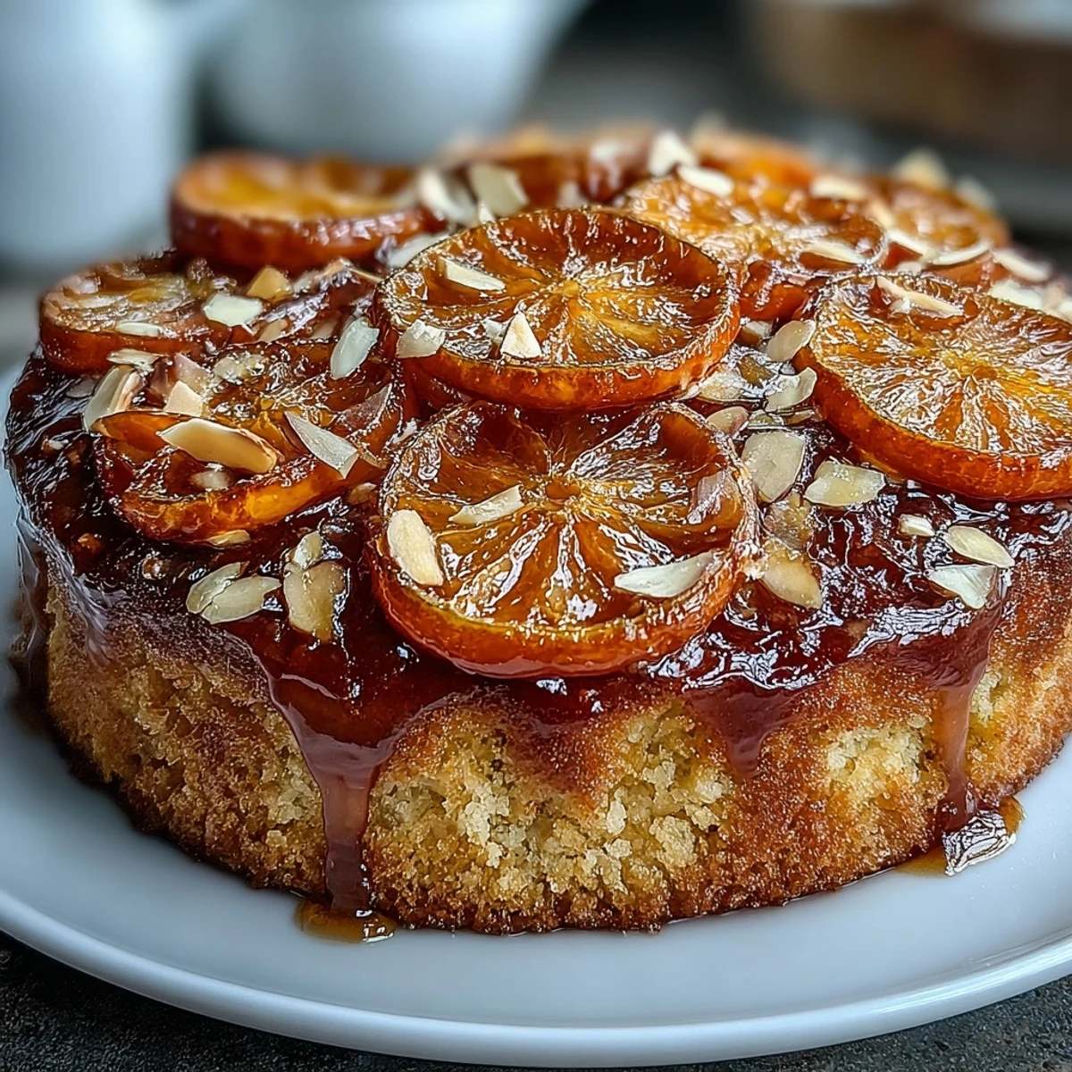 A golden Candied Orange Almond Cake topped with glistening orange slices and sliced almonds.