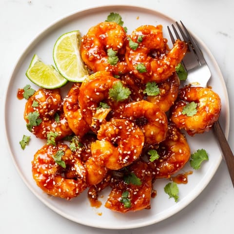 Juicy spicy honey garlic shrimp close-up; vibrant, saucy, and aromatically spiced.