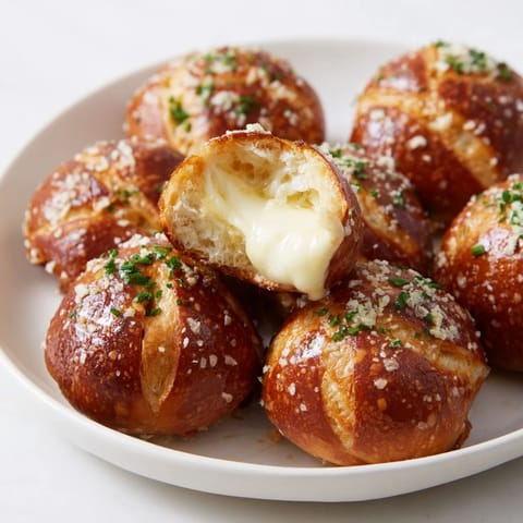 Golden pretzel bites oozing melted cheese, seasoned with aromatic garlic for a snack delight.  