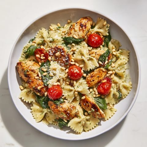 Creamy pesto coats the perfect Pesto Chicken Bowtie Pasta—a simple Italian-American weeknight favorite.