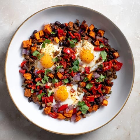 Sizzling skillet of Sweet Potato & Black Bean Breakfast Hash, a colorful and flavorful vegetarian breakfast dish.
