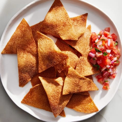 Golden brown Air-Fryer Tortilla Chips piled next to a bowl of fresh, colorful, zesty salsa.