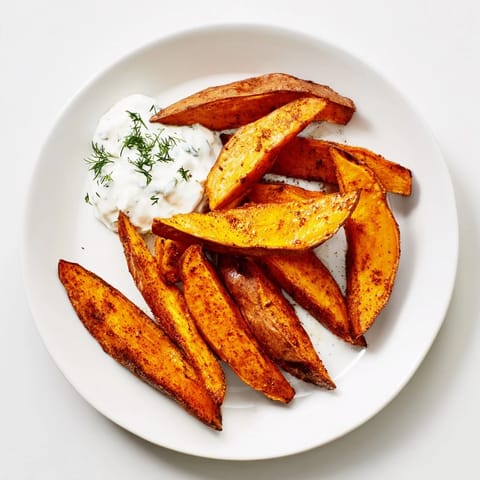 Close-up of baked roasted sweet potato wedges seasoned and ready to eat, with yogurt.