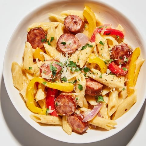 Scrumptious Cajun Spiced Smoked Sausage Alfredo, a hot dish with visible pasta and sausage ready to eat.