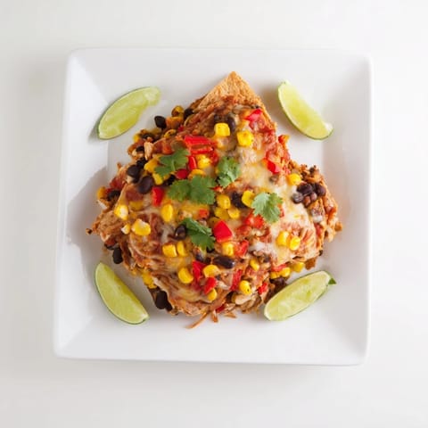 Layered Quick Black Bean and Corn Tortilla Casserole featuring warm tortillas, black beans, and colorful veggies.