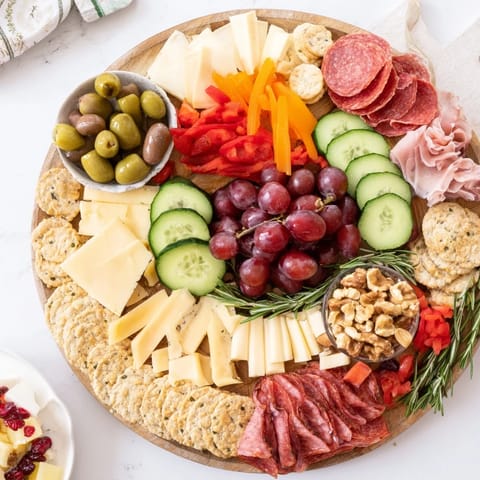 A close-up of a delicious Simplified Grazing Board Wreath overflowing with holiday appetizer favorites.