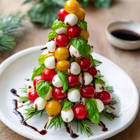 Vibrant Easy Christmas Tree Caprese Skewers offer a taste of Italy, with bright red tomatoes and fresh basil.