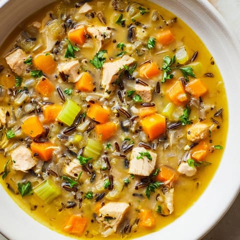 A close-up view of creamy Quick Chicken and Wild Rice Soup, showcasing tender chicken and hearty wild rice.