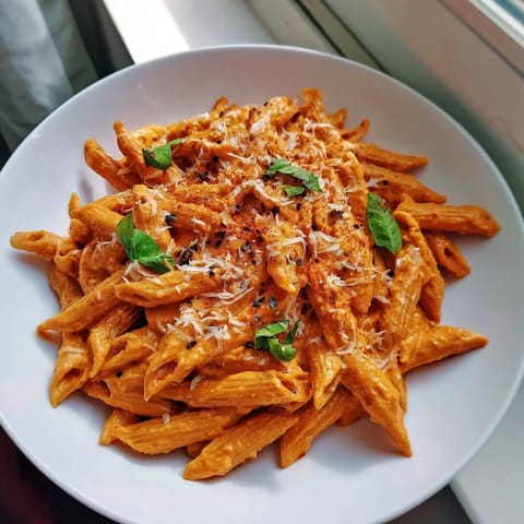 Velvety 15-Minute Creamy Red Pepper Pasta ready to serve, fragrantly garnished with fresh Parmesan cheese.