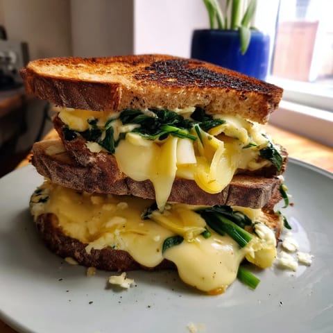 A close-up of a perfectly grilled Sourdough Spinach Artichoke Dip Grilled Cheese, ready for a delicious bite.