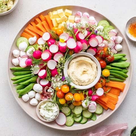 Vibrant spring wreath appetizer platter showcasing fresh vegetables, cheeses, and dips, ready for serving.