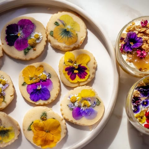 Imagine a beautifully arranged Spring Flower Dessert Tray, boasting colorful edible flowers and tasty treats.