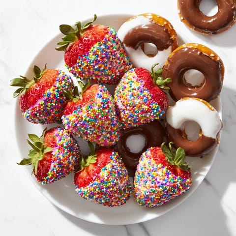 A festive party platter with a Rainbow Sprinkle Party Board, featuring dipped strawberries and donuts, irresistible for fun.