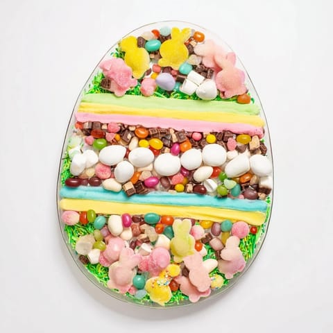 Vibrant Egg-Shaped Candy Platter featuring pastel chocolate eggs and assorted jelly beans, delicious and festive.