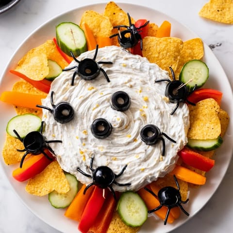 Vibrant Creepy Crawly Spiderweb Platter: a creamy dip spiderweb surrounded by colorful veggies.