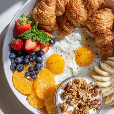 Golden toasted croissants accompany the colorful Soleil Matinal Breakfast Platter presentation for enjoyment.