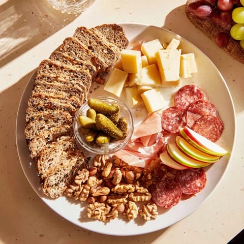 A delicious Planche Montagne Aventure Collation, featuring rustic bread and creamy cheeses, beautifully arranged.