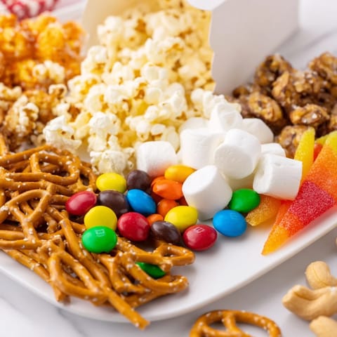 A delightful arrangement of popcorn boxes overflowing with snacks for a perfect movie night feast.