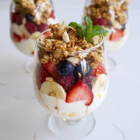 See this yogurt and granola parfait arranged in a tall glass, bursting with fresh, vibrant fruit.