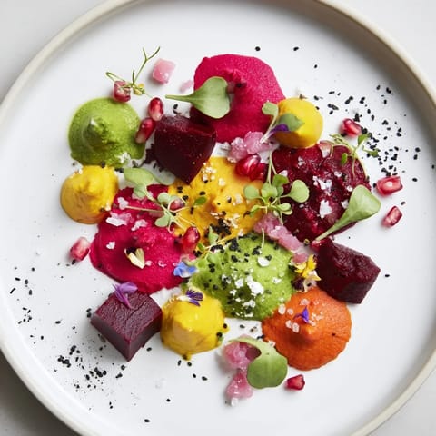 This eye-catching Pointillism Dot Matrix dish displays vibrant veggie dots, perfect for a vegetarian starter.