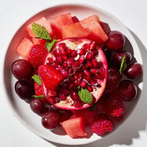 This beautifully arranged pomegranate pivot recipe boasts a gradient of fresh, colorful fruits for serving.