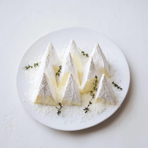 Elegant arrangement of Snowcapped Range features chilled Brie resembling snowy mountain peaks, garnished subtly.