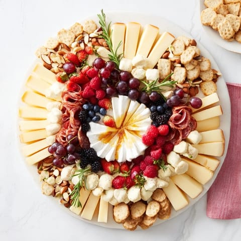 A vibrant Ouroboros Circle appetizer, beautifully arranged with cheeses, meats, and sweet grape clusters.