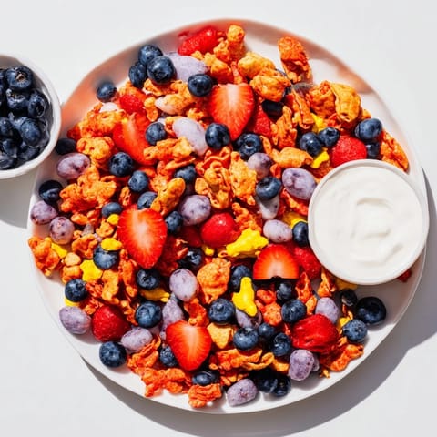 Bright rainbow Goldfish cracker pile with colorful fruit and a bowl of sweet yogurt, ideal for kids.