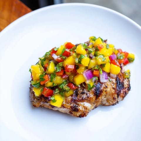 Sizzling Grilled Mango Salsa Chicken served on plates with vibrant diced mango salsa topping.