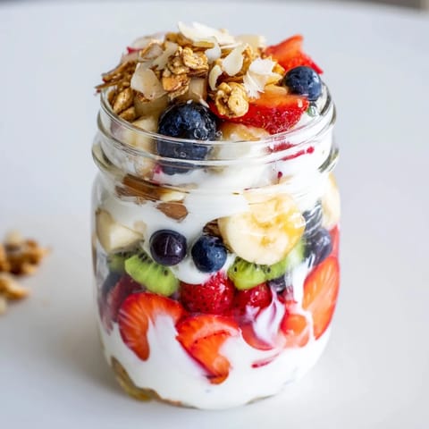A close-up of a layered yogurt fruit parfait: colorful, refreshing breakfast with granola topping.