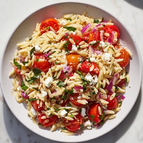A close-up shot of the delicious Tomato Feta Orzo, a perfect light Mediterranean main dish.