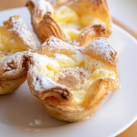 A close-up of delicious Portuguese egg tarts dusted with cinnamon and powdered sugar, a perfect dessert.