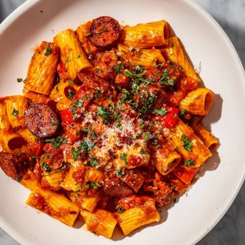 Close-up of steaming Spanish chorizo pasta, showcasing the rich colors and flavors of a Spanish feast.