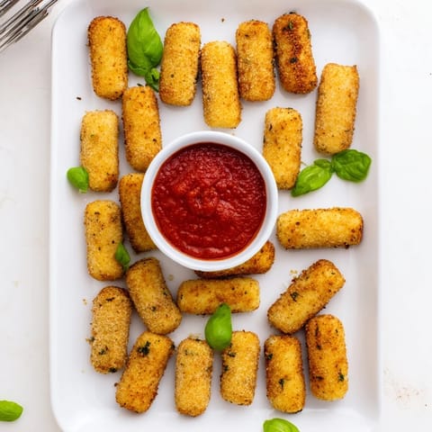 Freshly air fried mozzarella sticks arranged on a white plate, garnished with basil and a small bowl of red marinara sauce.