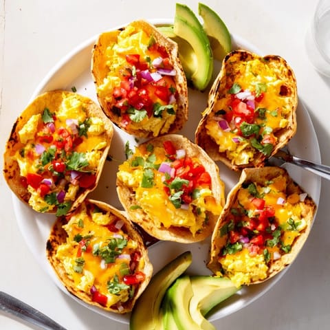 A close-up shows crispy tortilla shells filled with scrambled eggs, bacon, and diced avocado, topped with vibrant salsa and cilantro.