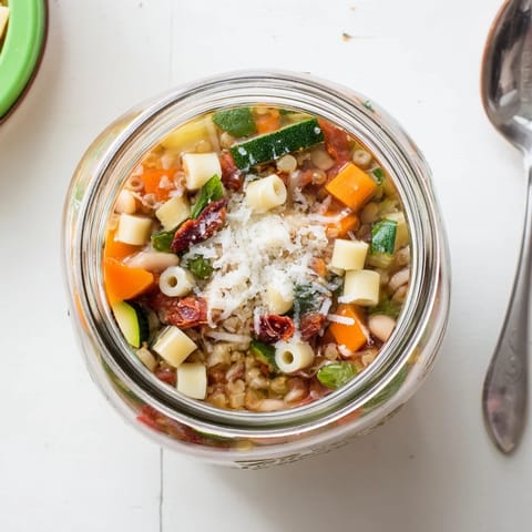 Inside a clear mason jar, vibrant Minestrone Soup ingredients are neatly stacked for an easy, make-ahead meal preparation.
