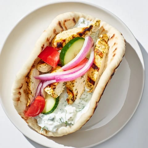 A Greek Chicken Wrap showcases vibrant Mediterranean ingredients, with juicy tomatoes, red onion, and dill-flecked tzatziki on a soft pita.
