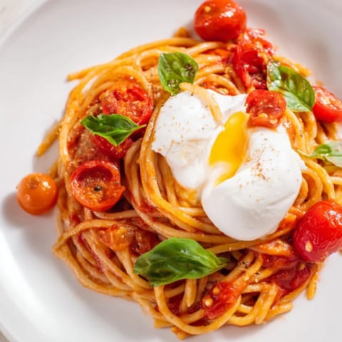 Burrata caprese pasta served on a rustic wooden table, featuring juicy tomatoes, vibrant green basil, and a drizzle of olive oil.