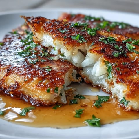 Golden-brown flounder meunière fillets glistening with lemon-browned butter sauce on a white plate.  